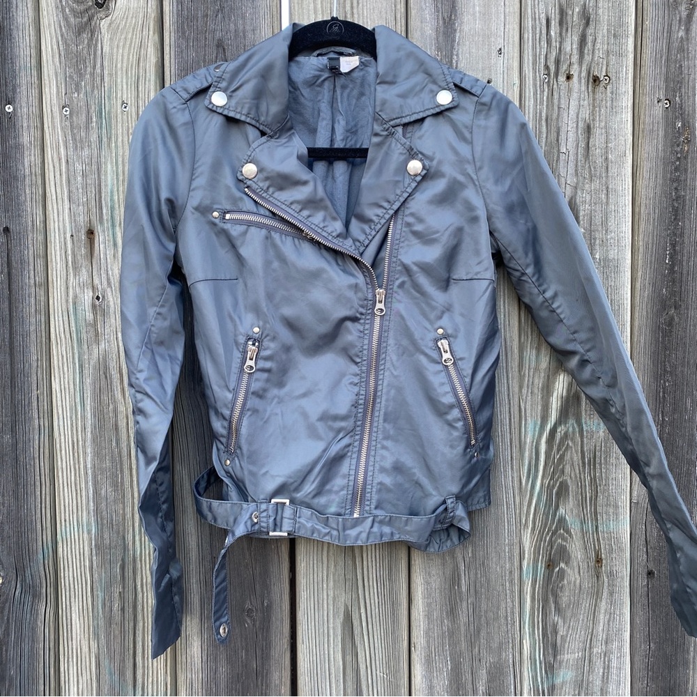 H&M GRAY NYLON MOTORCYCLE BIKER JACKET 4
